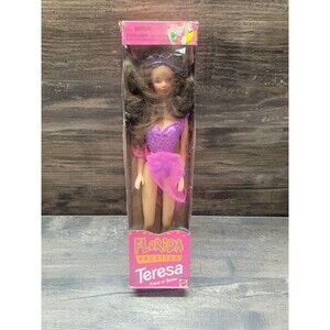 1998 Barbie FLORIDA VACATION TERESA Brunette Doll Purple Animal Print Swimsuit